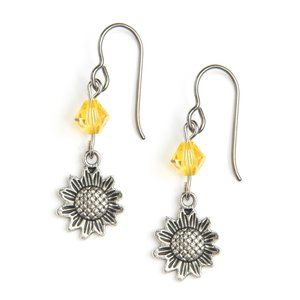 Sunflower Earrings Silver Dangle Sunflowers with Austrian Topaz Crystals Womens